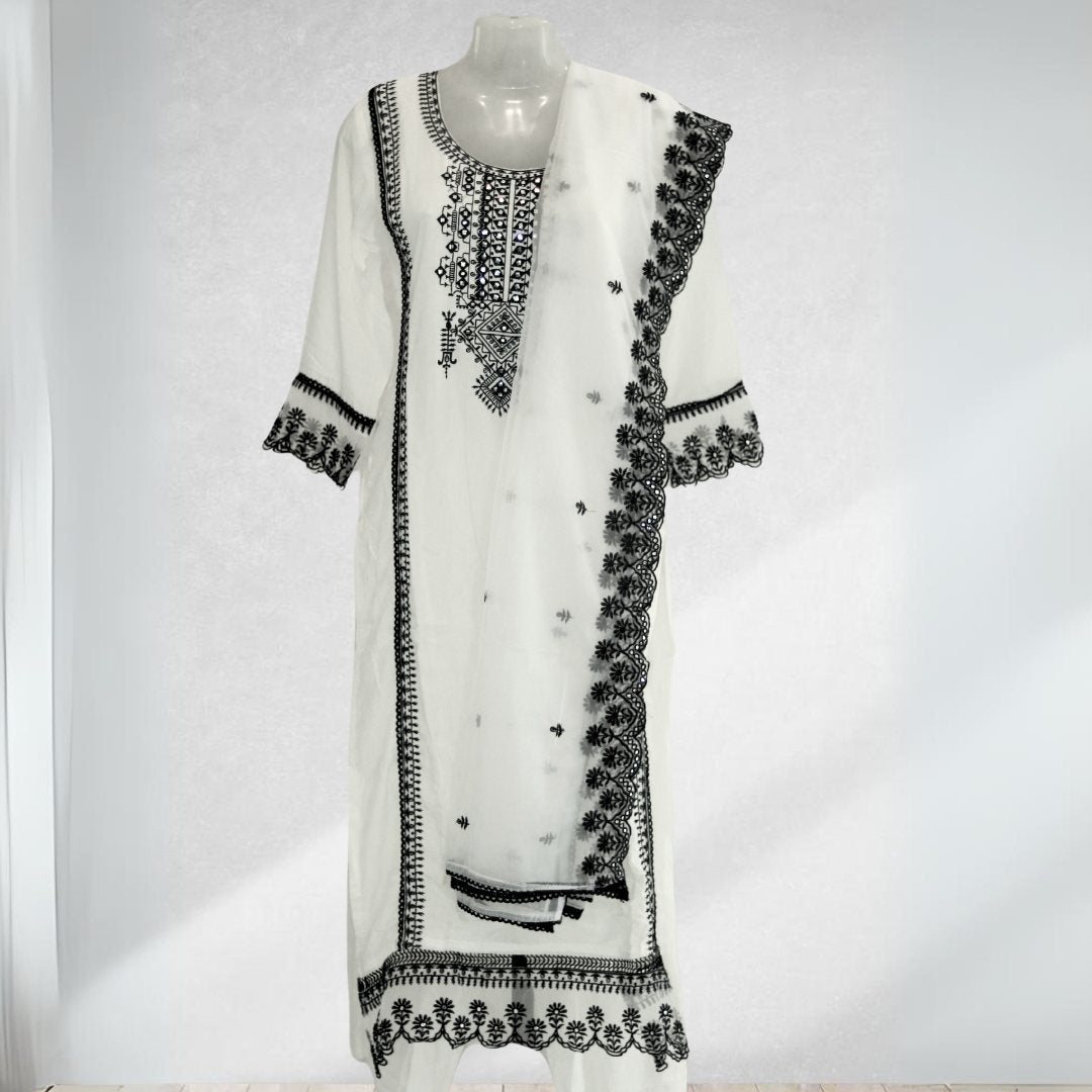 Stunning White Salwar Suit with Elegant Black Embroidered Details