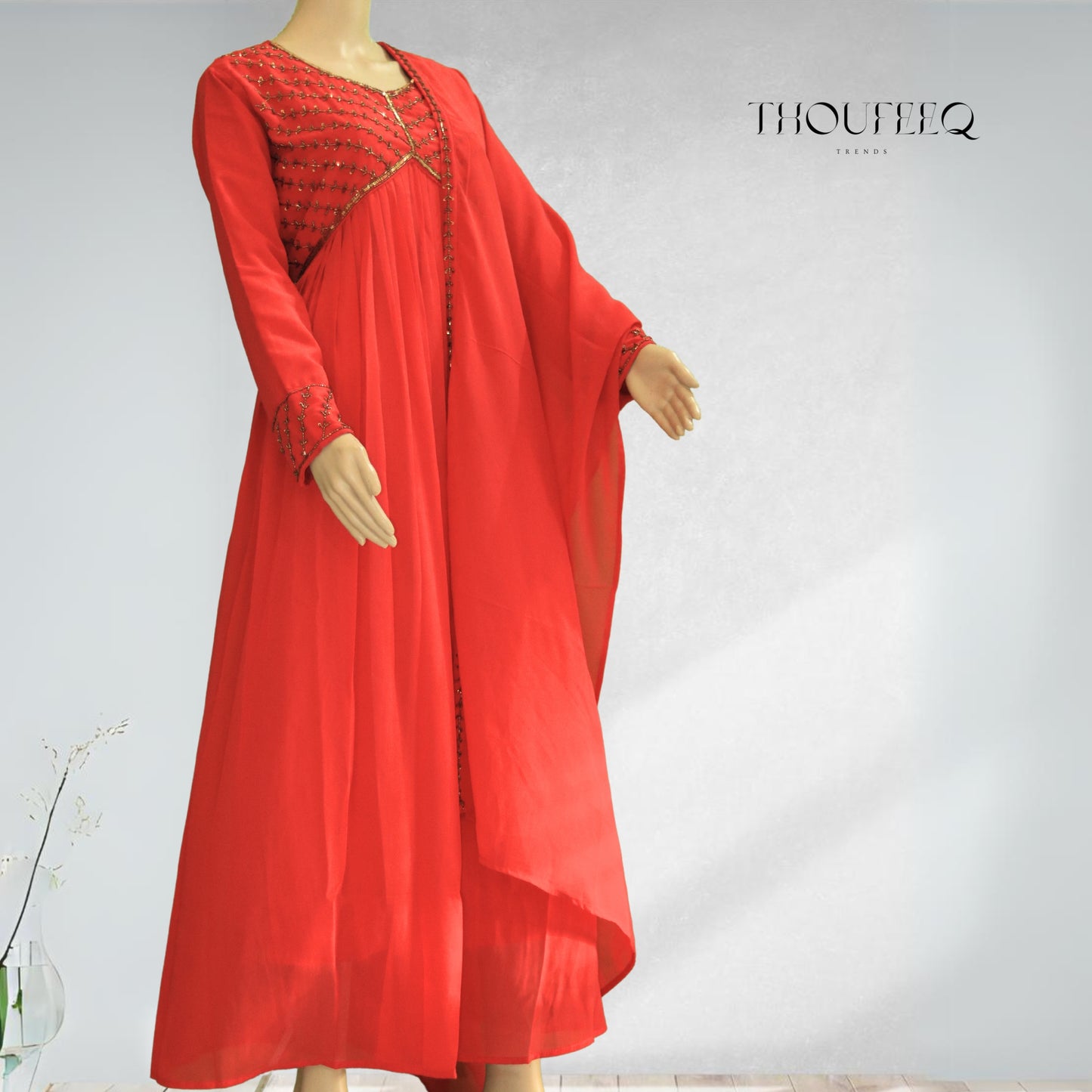 Stunning Red Alia Cut Anarkali with Embroidered Embellishments