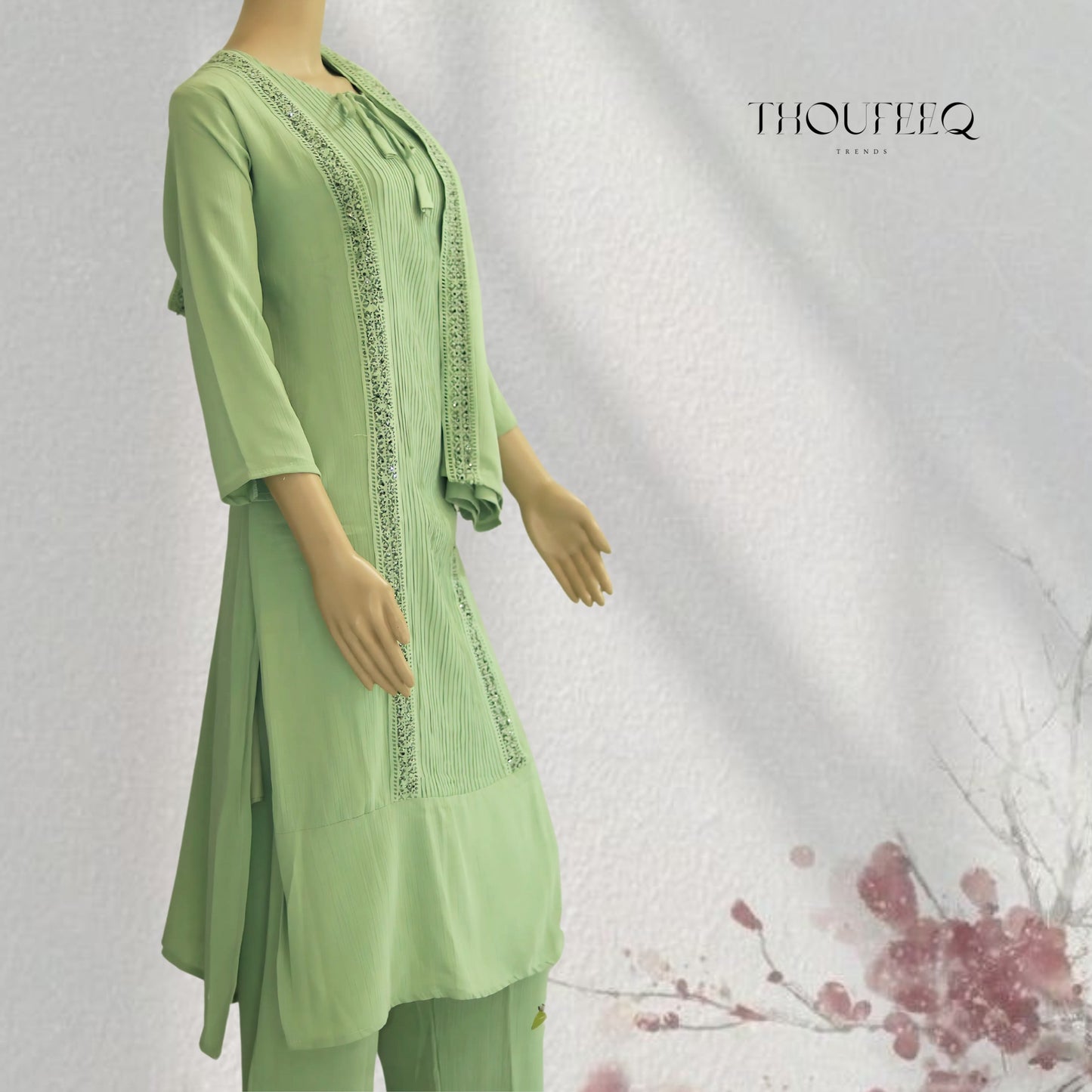 Light green Cord set with pleated front and embroidery