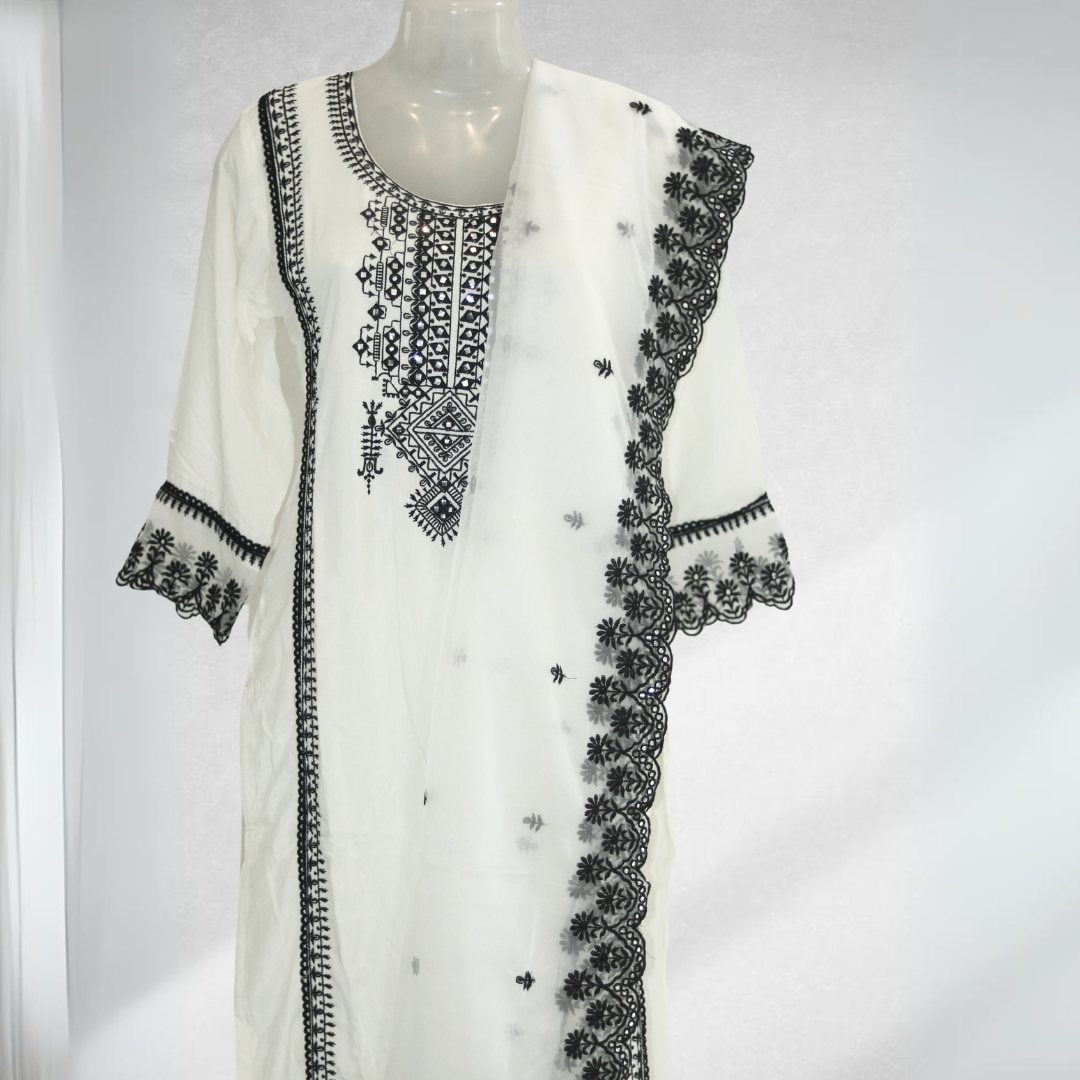 Stunning White Salwar Suit with Elegant Black Embroidered Details