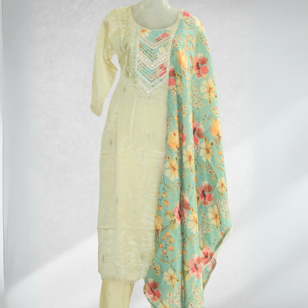 Three Piece Salwar Suit in Silk with Hand Embroidery and Floral Dupatta