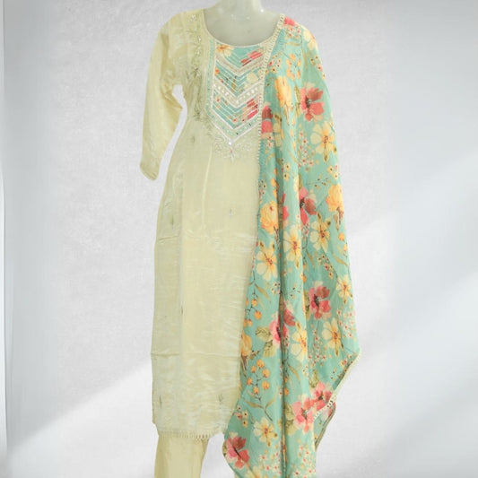 Three Piece Salwar Suit in Silk with Hand Embroidery and Floral Dupatta