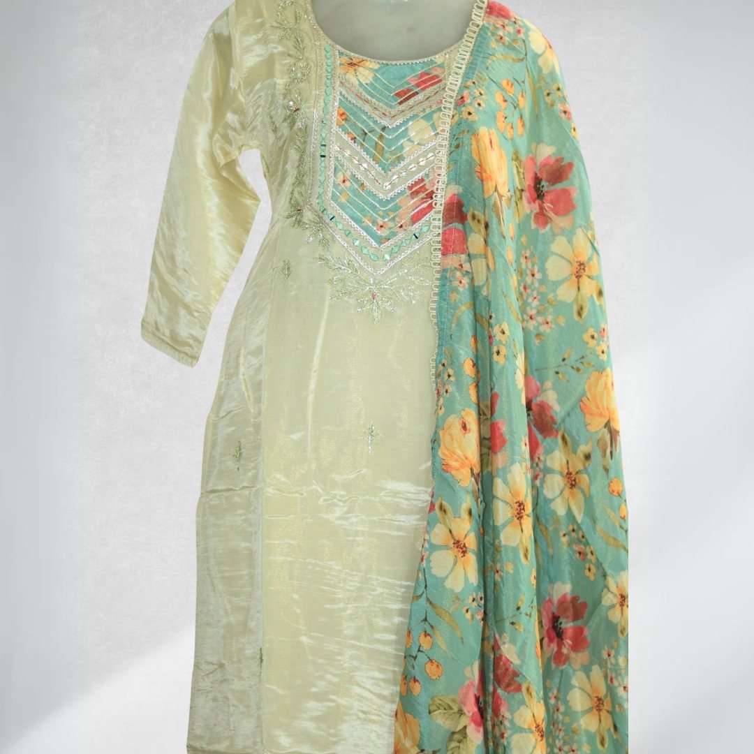 Three Piece Salwar Suit in Silk with Hand Embroidery and Floral Dupatta