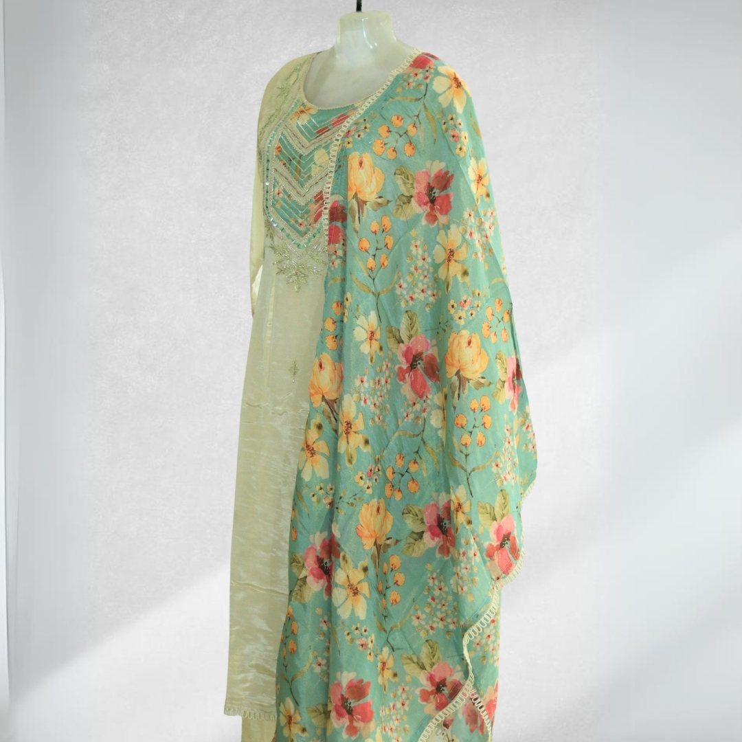 Three Piece Salwar Suit in Silk with Hand Embroidery and Floral Dupatta