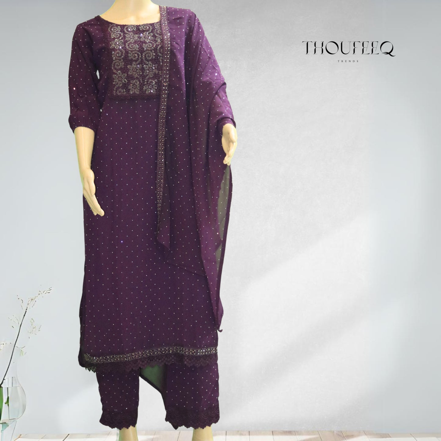 Regal Purple Kurti Set with Embellished Yoke and Intricate Detailing