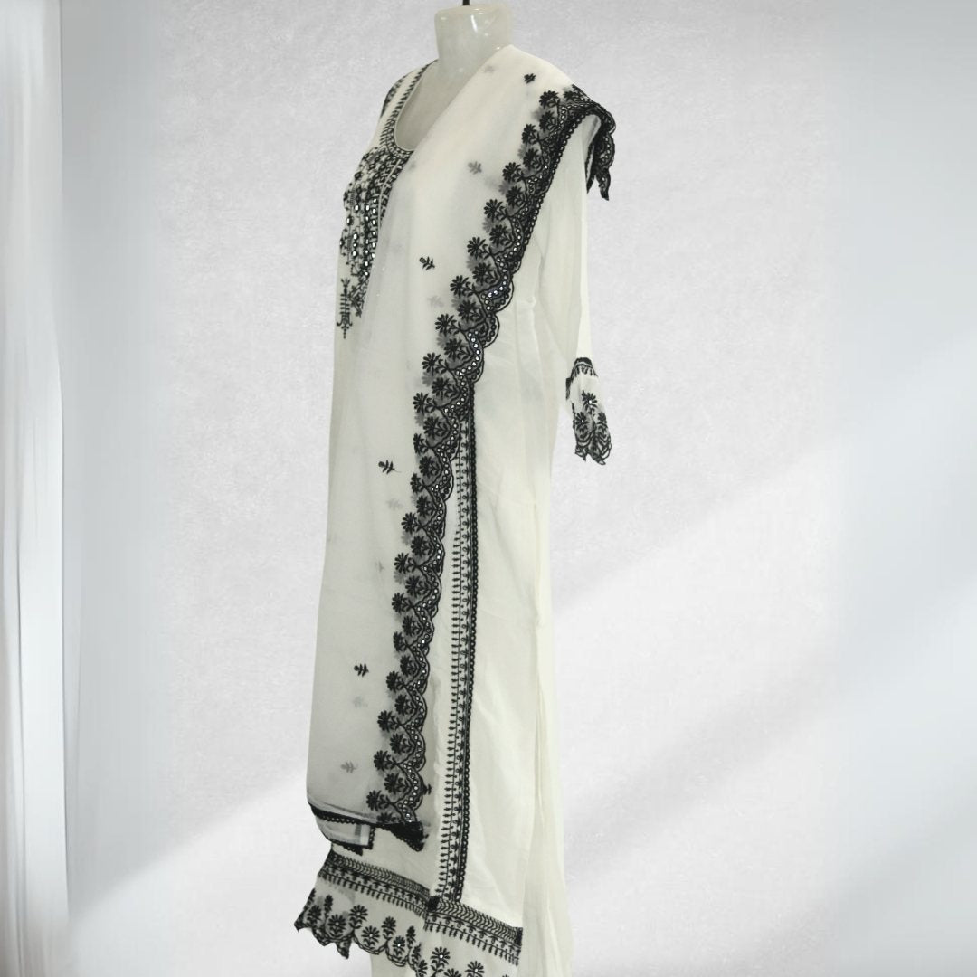 Stunning White Salwar Suit with Elegant Black Embroidered Details