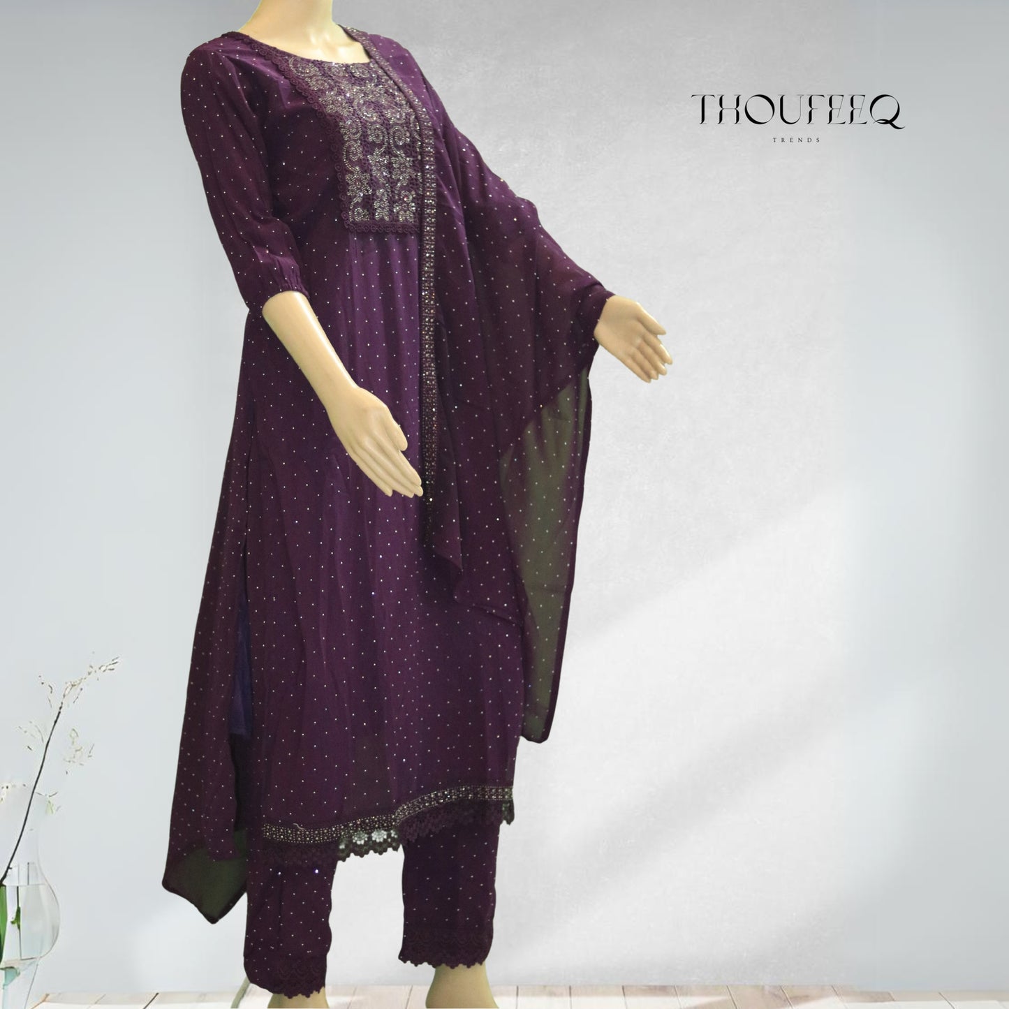 Regal Purple Kurti Set with Embellished Yoke and Intricate Detailing