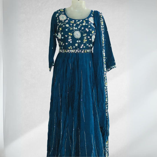 Midnight Blue Gown with Styled Belt and Elegant Dupatta