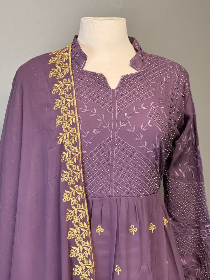 Aesthetic Purple Anarkali Suit with Thread Works