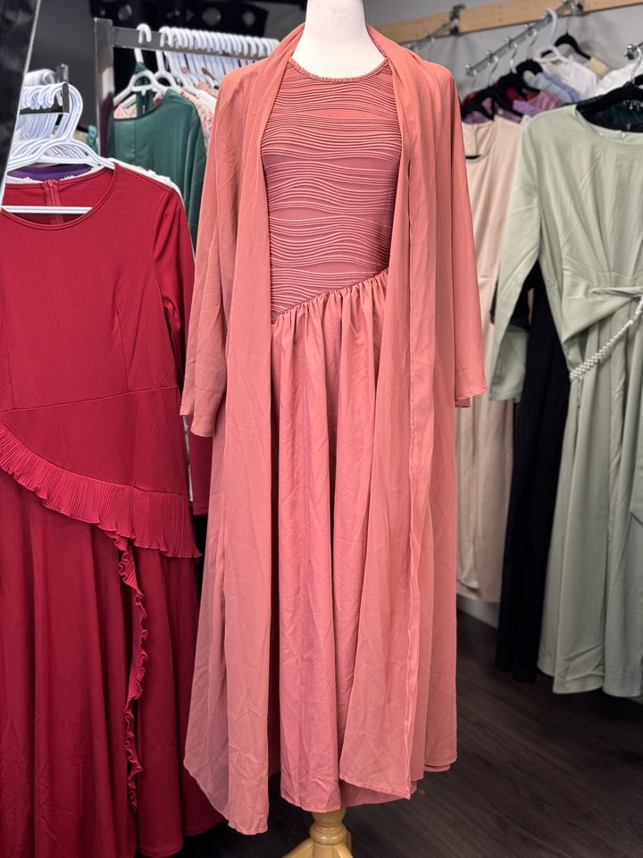 Versatile Peach Modest Dress with Chic Outer Layer