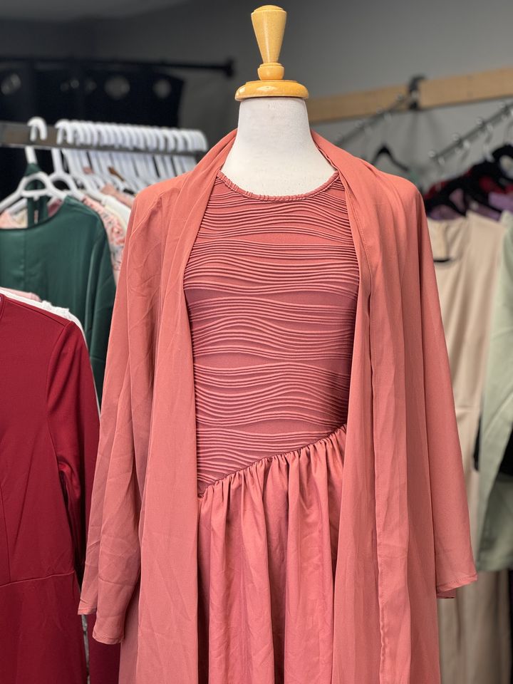 Versatile Peach Modest Dress with Chic Outer Layer