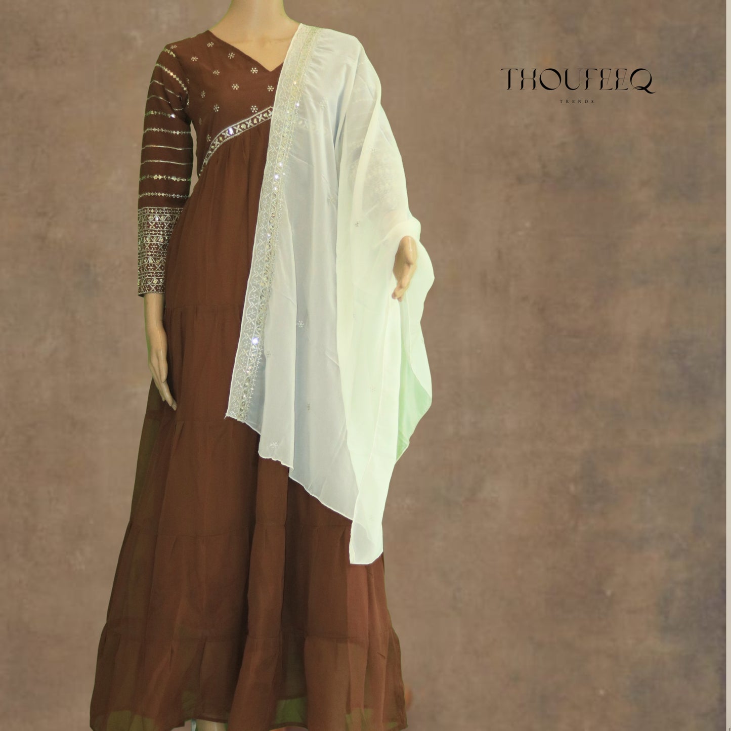 Brown Alia Cut Anarkali with Embroidered Detailing and White Dupatta