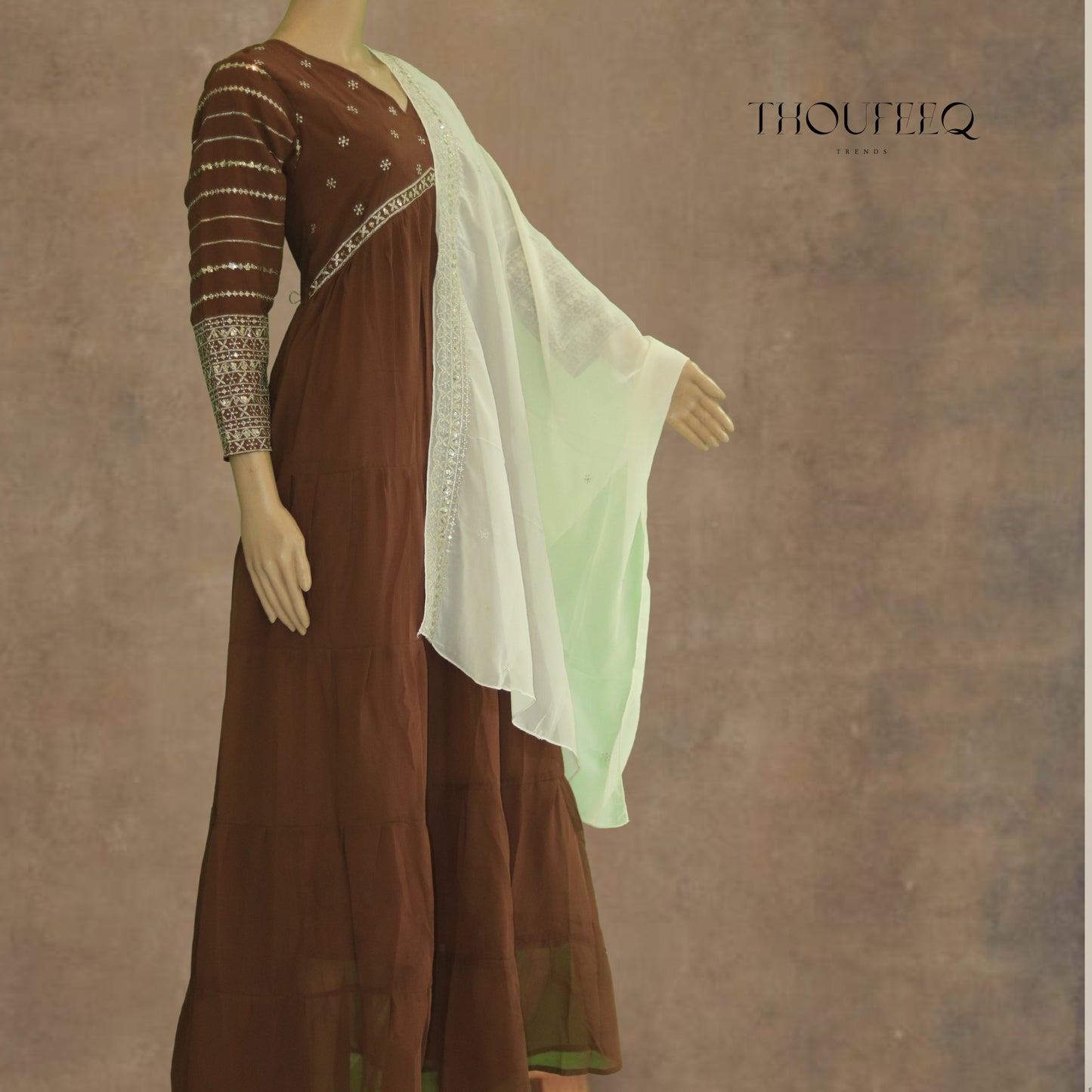 Brown Alia Cut Anarkali with Embroidered Detailing and White Dupatta