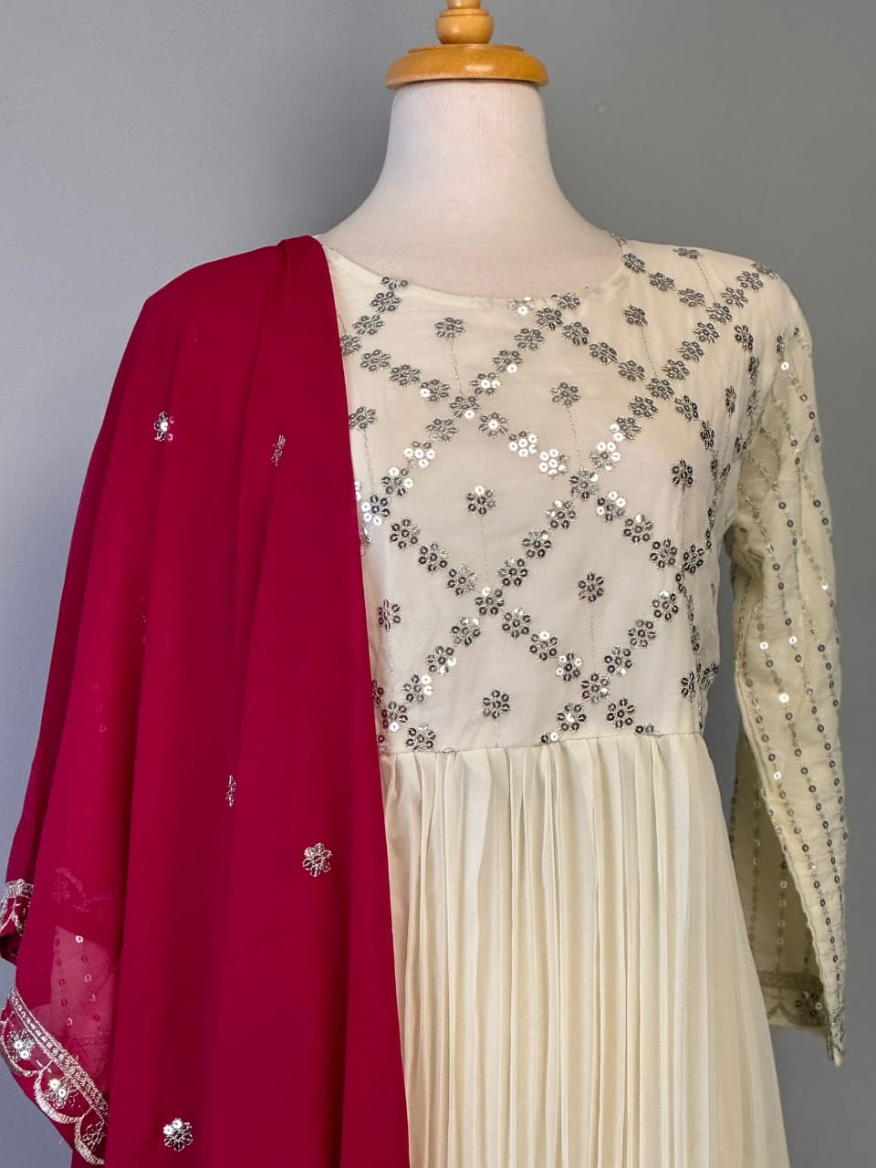 Ethereal Ivory Pleated Anarkali with Crimson Red Dupatta