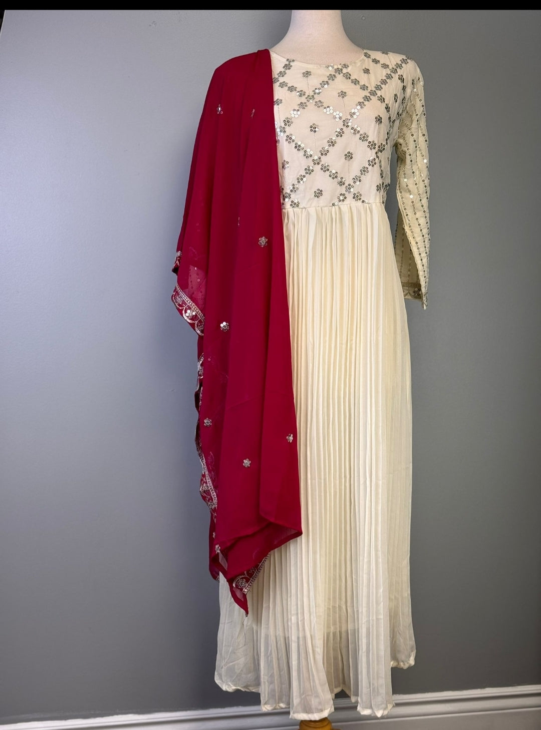 Ethereal Ivory Pleated Anarkali with Crimson Red Dupatta