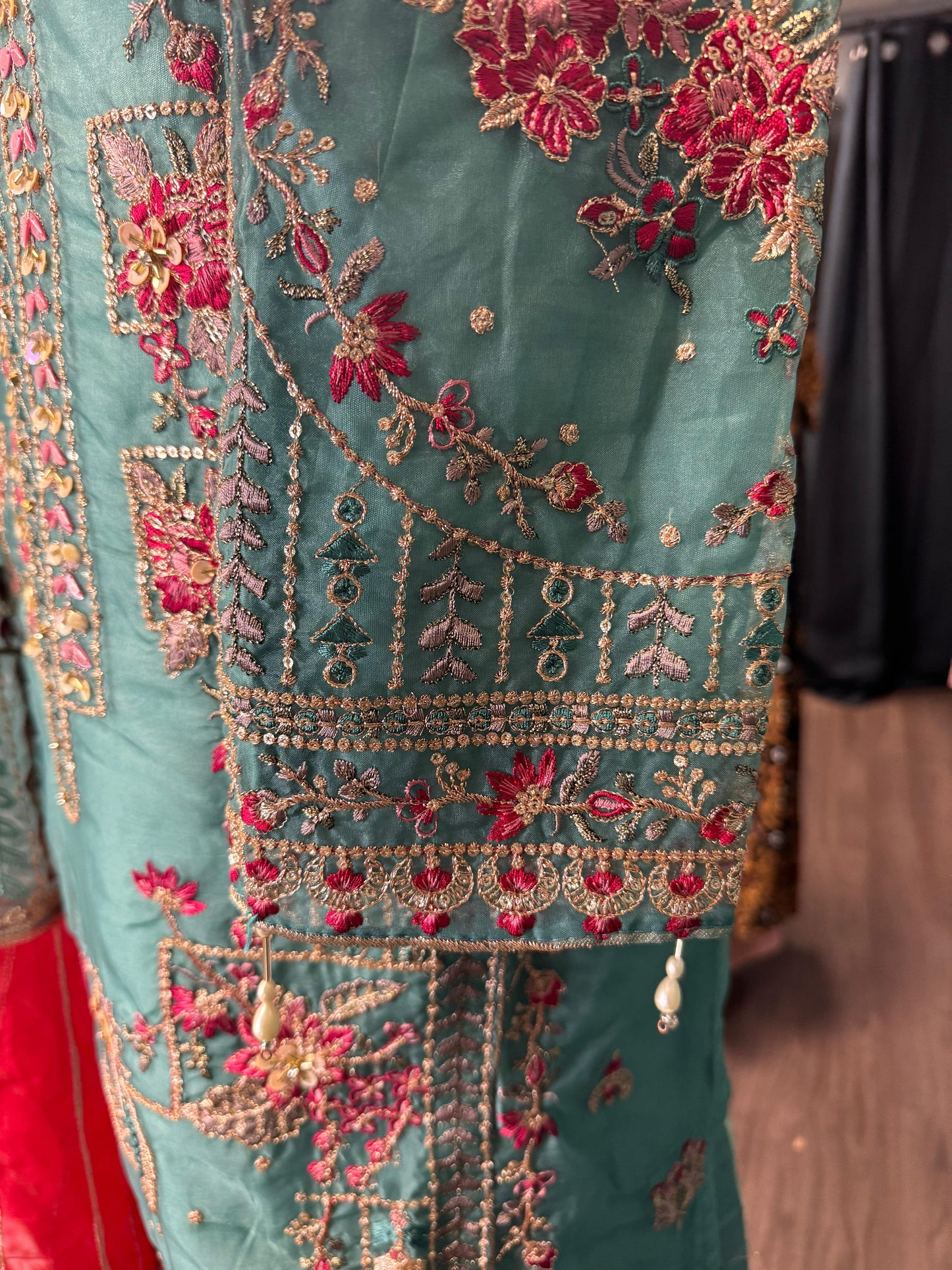 Exquisite Green and Red Salwar Suit Ensemble with Dupatta