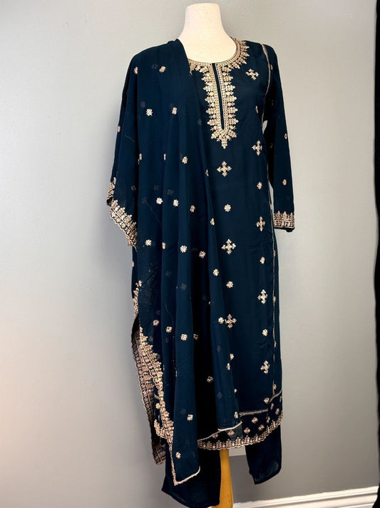 Midnight Blue Salwar with Intricate Golden Embroidery and Thread Work