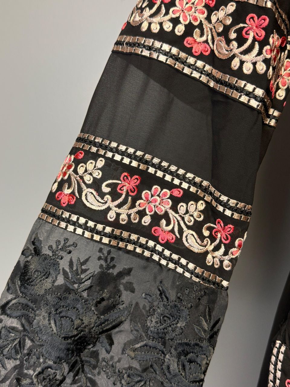 Black Embroidered Suit with Intricate Thread Work and Vibrant Floral Dupatta