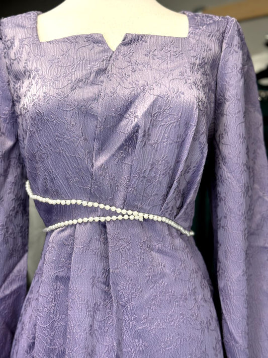 Lavender A-Line Dress with Puff Sleeves & Elegant Waist Line