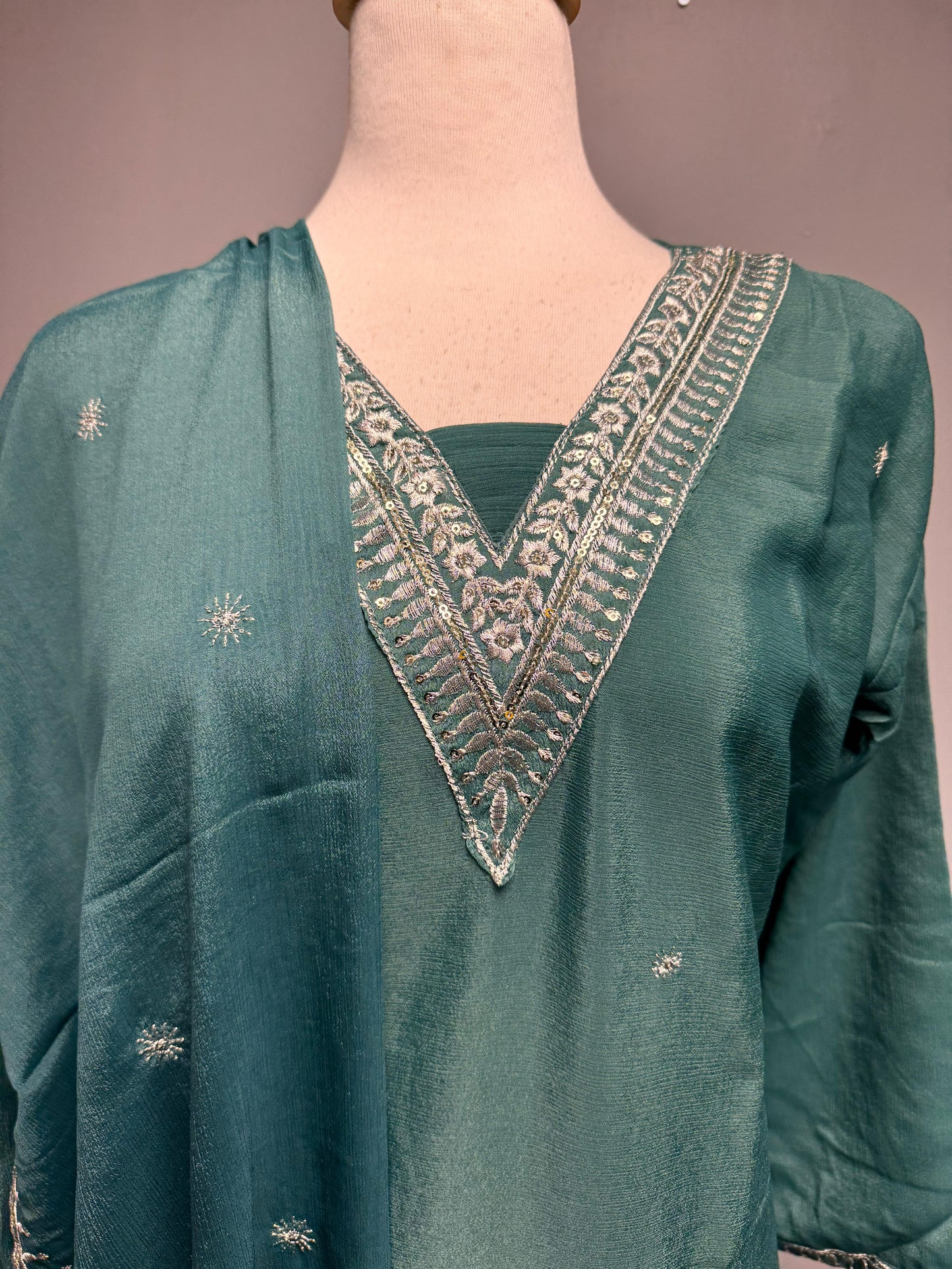 Exquisite Aqua Embroidered Salwar Suit with Dupatta