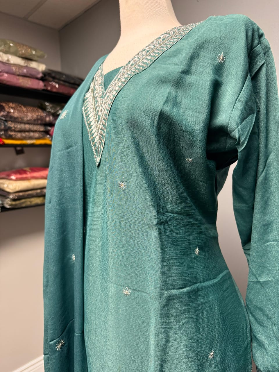 Exquisite Aqua Embroidered Salwar Suit with Dupatta