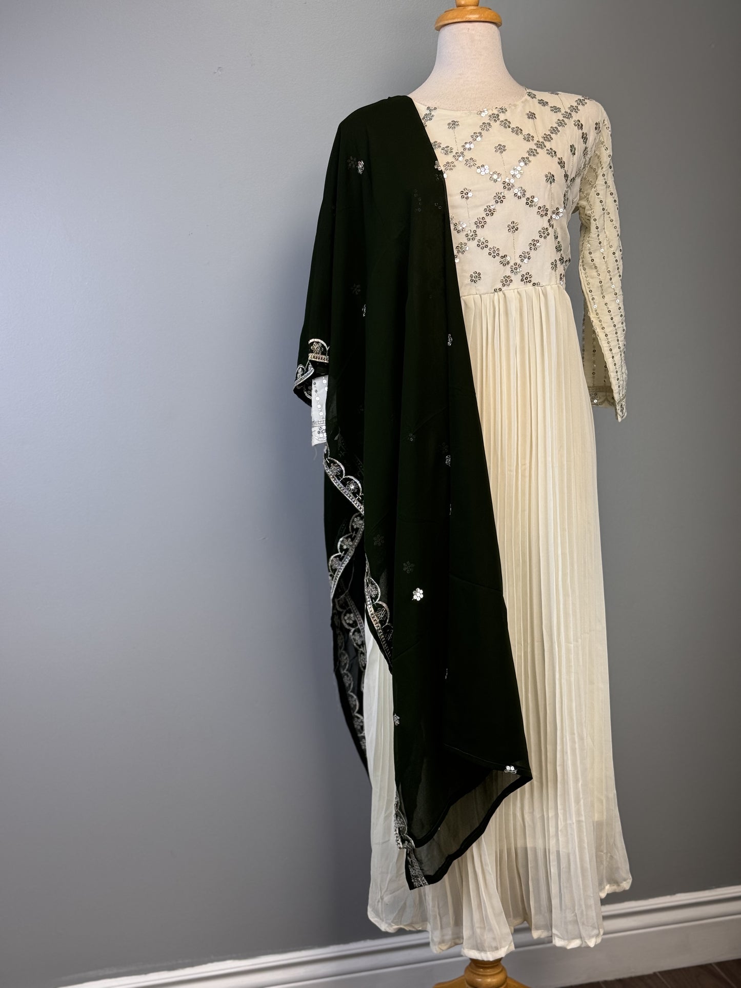 Charming White Sequined Suit Paired with Vibrant Green Dupatta