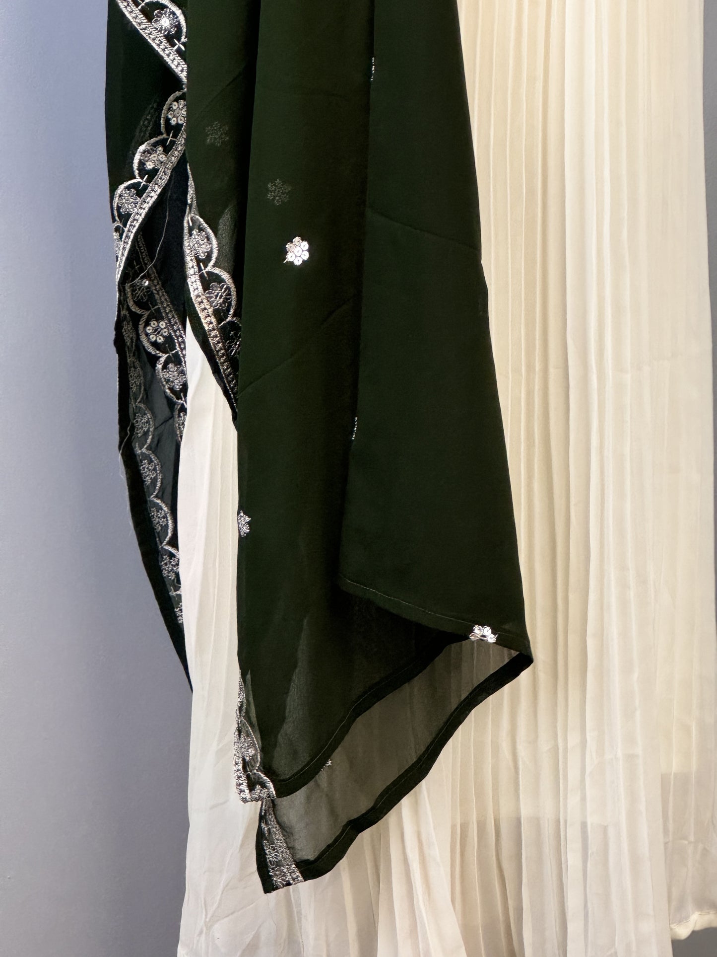 Charming White Sequined Suit Paired with Vibrant Green Dupatta