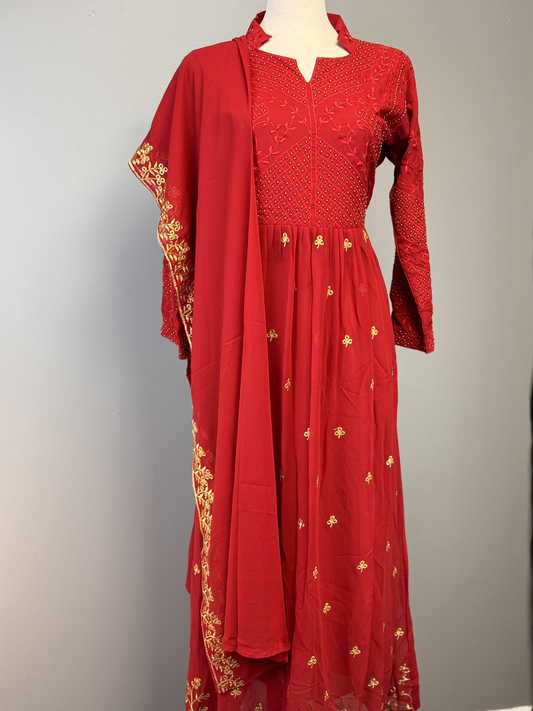 Luxe Red Anarkali Suit with Thread Work