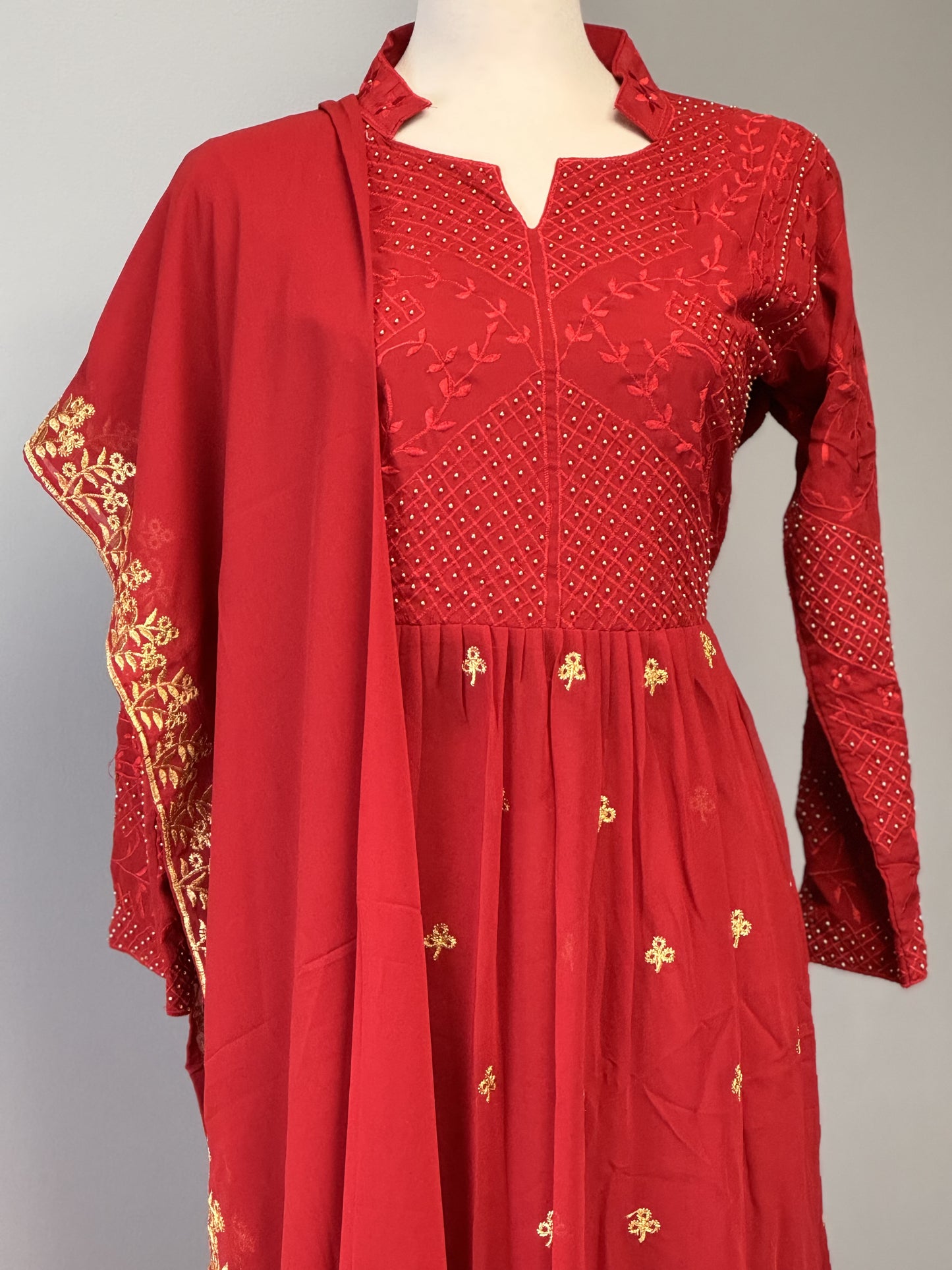 Luxe Red Anarkali Suit with Thread Work