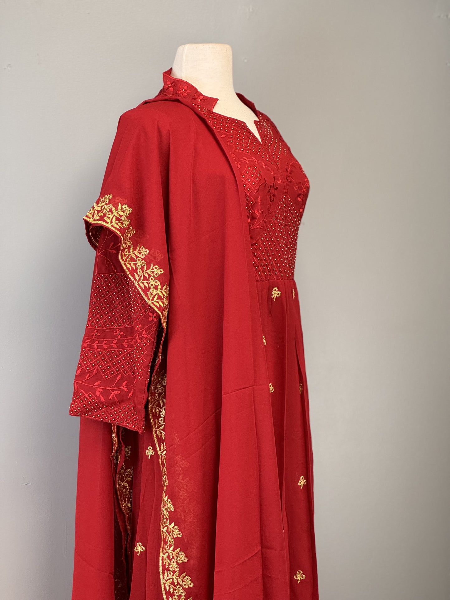 Luxe Red Anarkali Suit with Thread Work