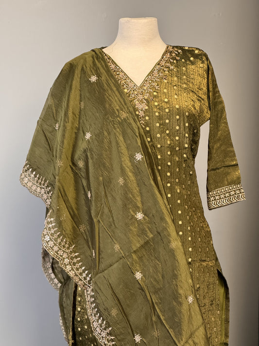 Opulent Olive Green Salwar Suit Featuring Striking Golden Bead Accents