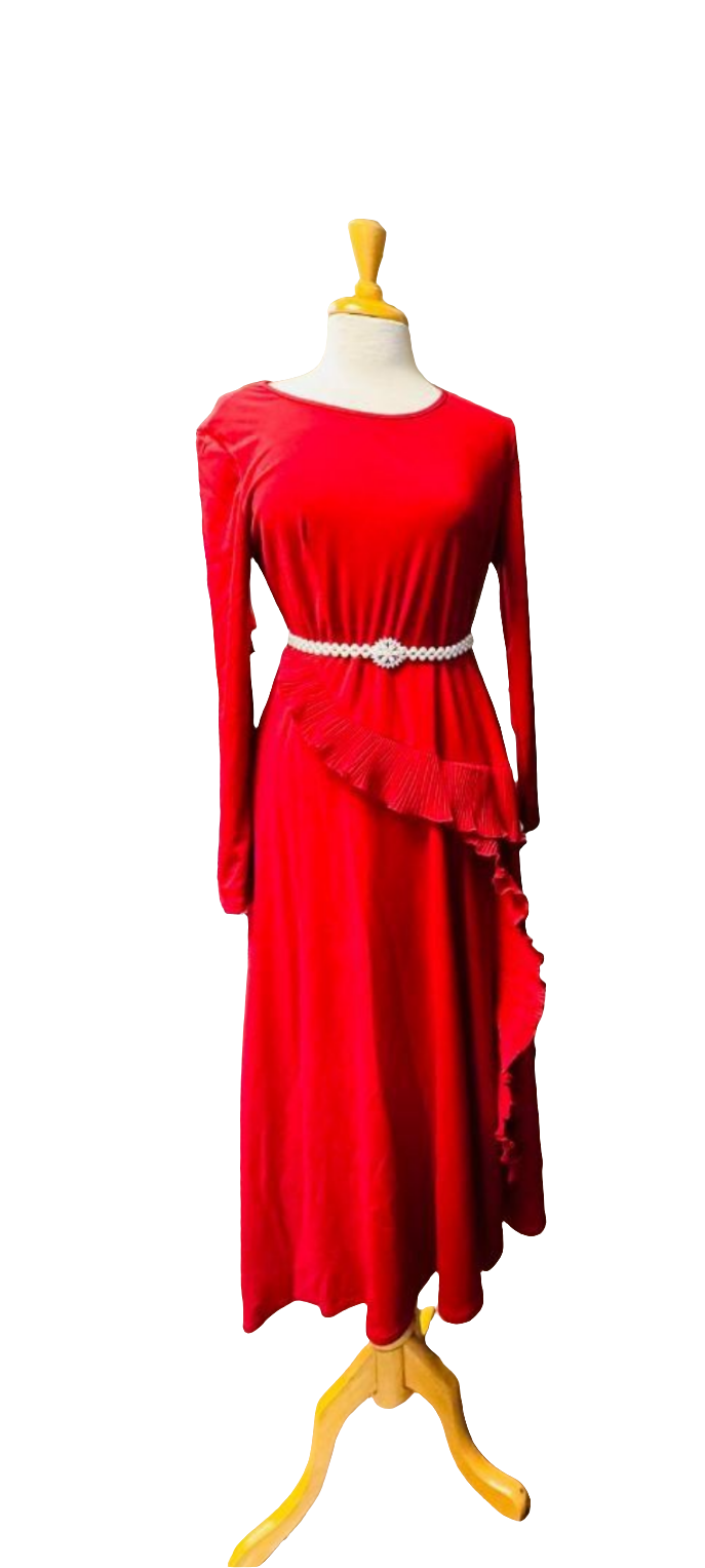 Radiant Red Ruffle Dress with Elegant Belt