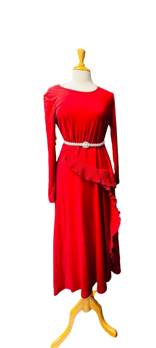 Radiant Red Ruffle Dress with Elegant Belt